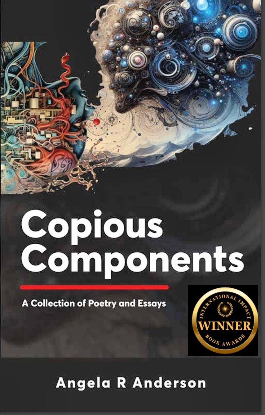 Book cover titled 'Copious Components' with abstract artwork of a person and a cloud of gears and bubbles, author Angela R Anderson.
