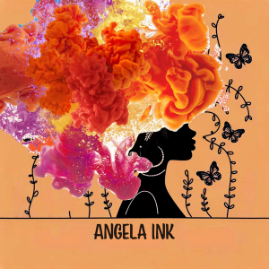 Silhouette of a woman with colorful ink clouds above her head, surrounded by butterflies and plants, with the name Angela Ink.