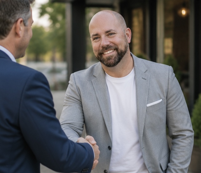 Two men shaking hands outdoors, one in a gray blazer and white shirt, smiling, with a building and trees in background.