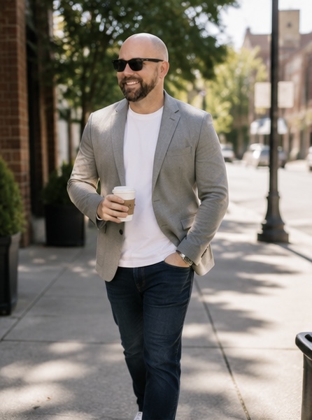 Man with sunglasses, beard, light gray blazer, white shirt, dark jeans, holding coffee, walking on sidewalk outdoors.