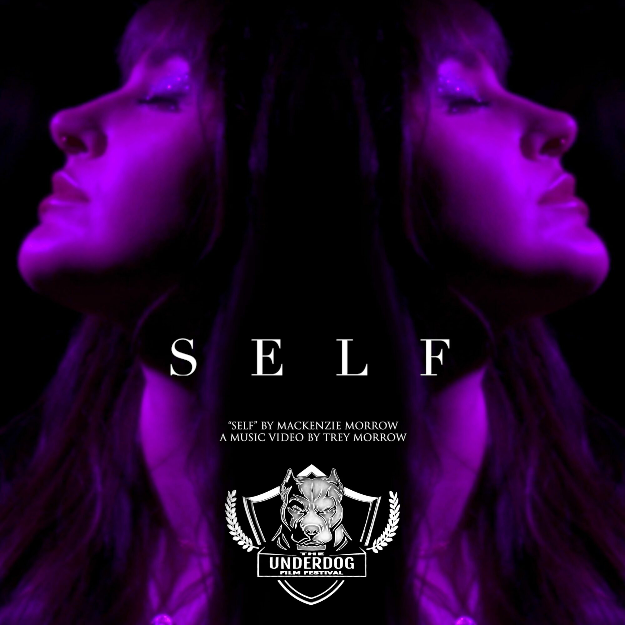 Two mirrored profiles of a woman with closed eyes, illuminated in purple light, with the word 'SELF' and a logo below.