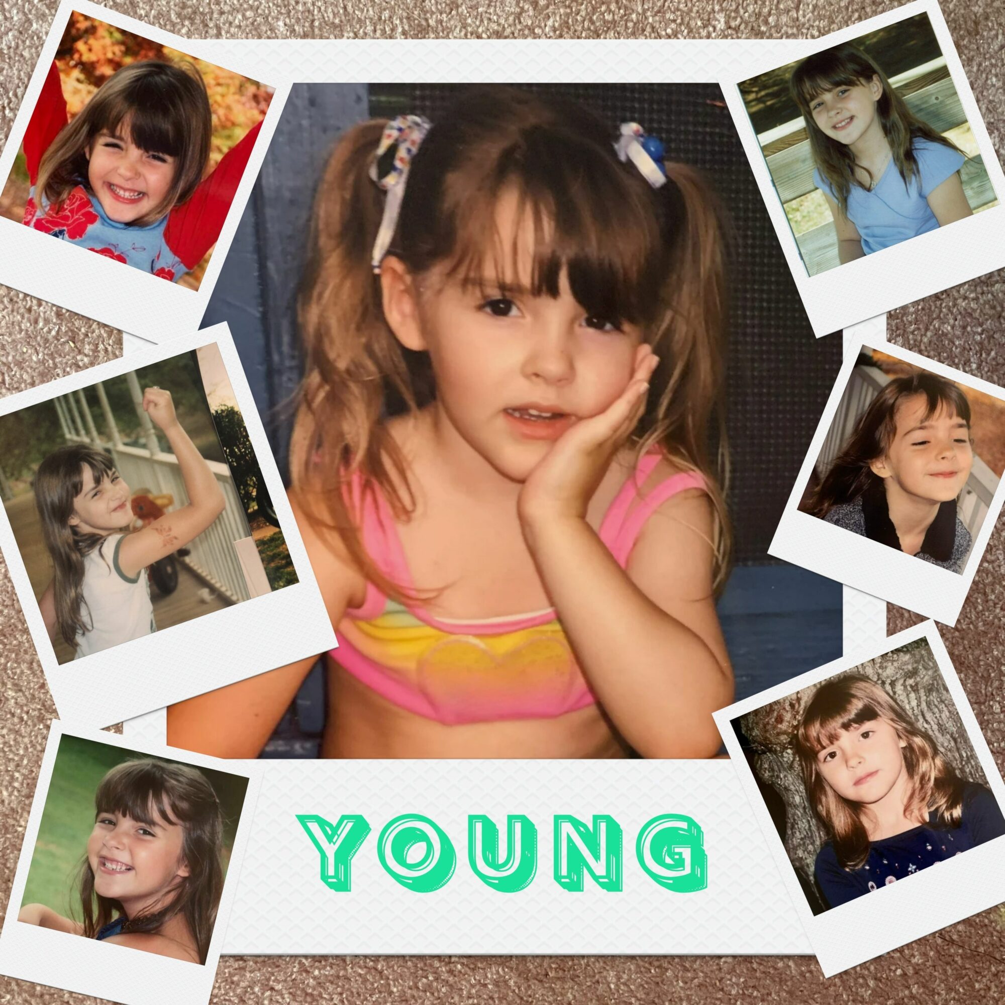 Center portrait of a young girl with pigtails, resting her face on her hand, surrounded by five smaller photos of children smiling and playing. Word 'YOUNG' in green letters below.