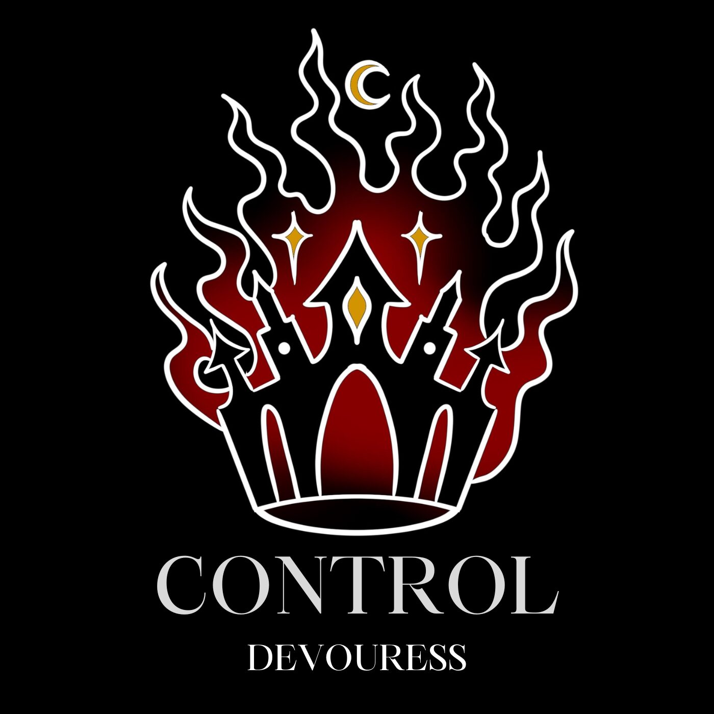 A crown with flames, stars, and a crescent moon on a black background, with the words 'CONTROL' and 'DEVOURESS' below.