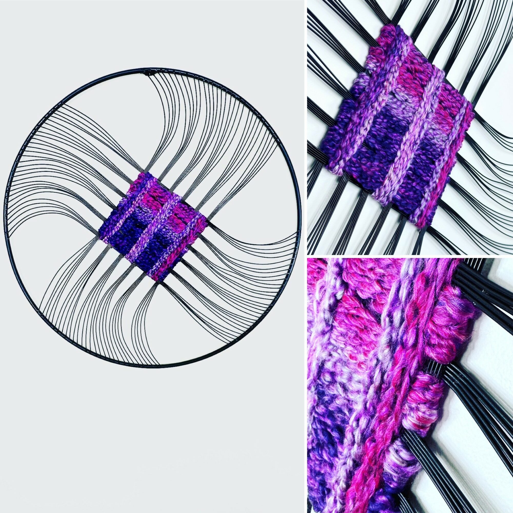 Close-up of purple and pink yarn being woven through black spokes of a circular loom, with some yarn strands hanging loosely.