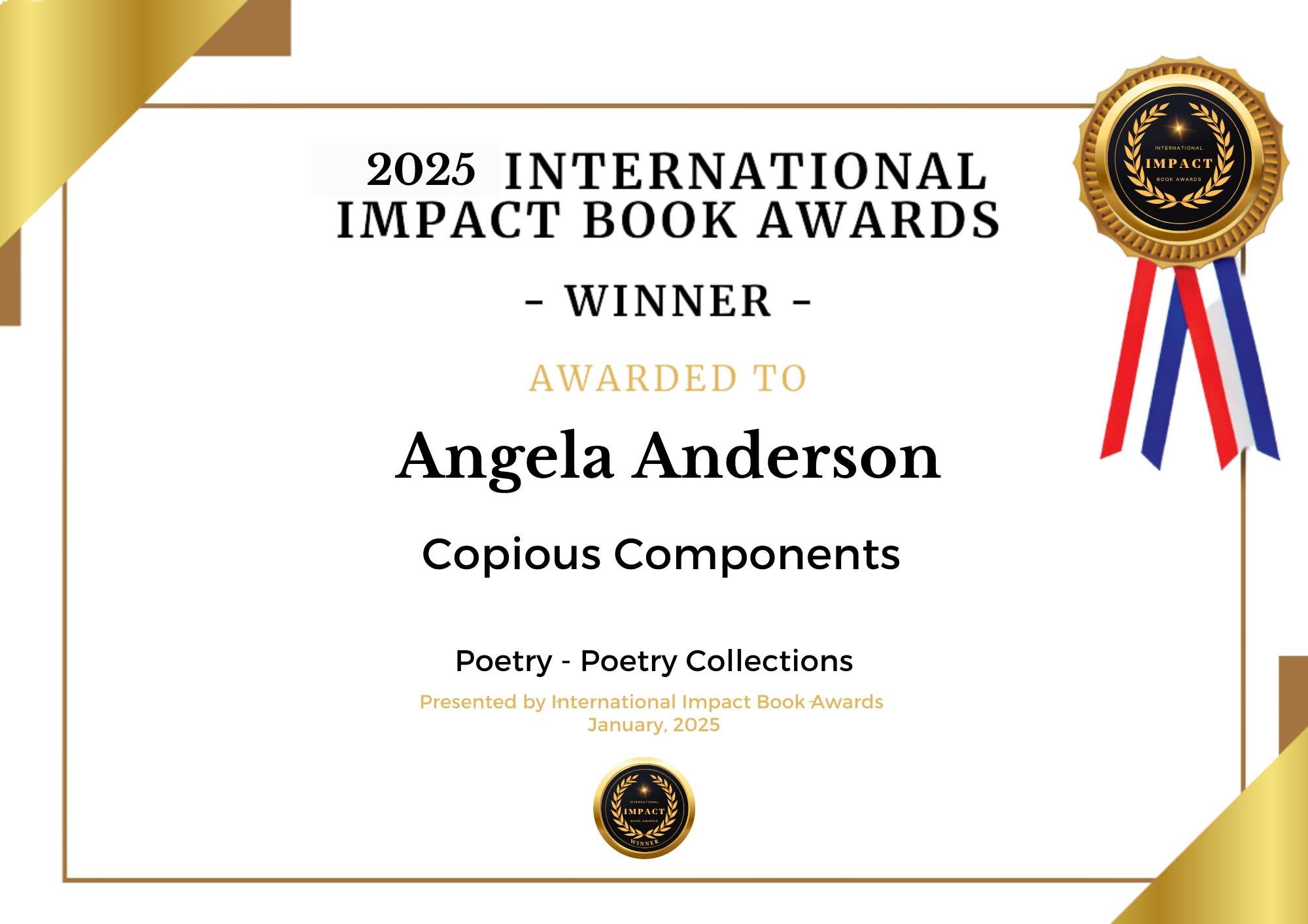 Certificate for Angela Anderson, awarded for poetry collections, with gold and ribbon design, dated January 2023.
