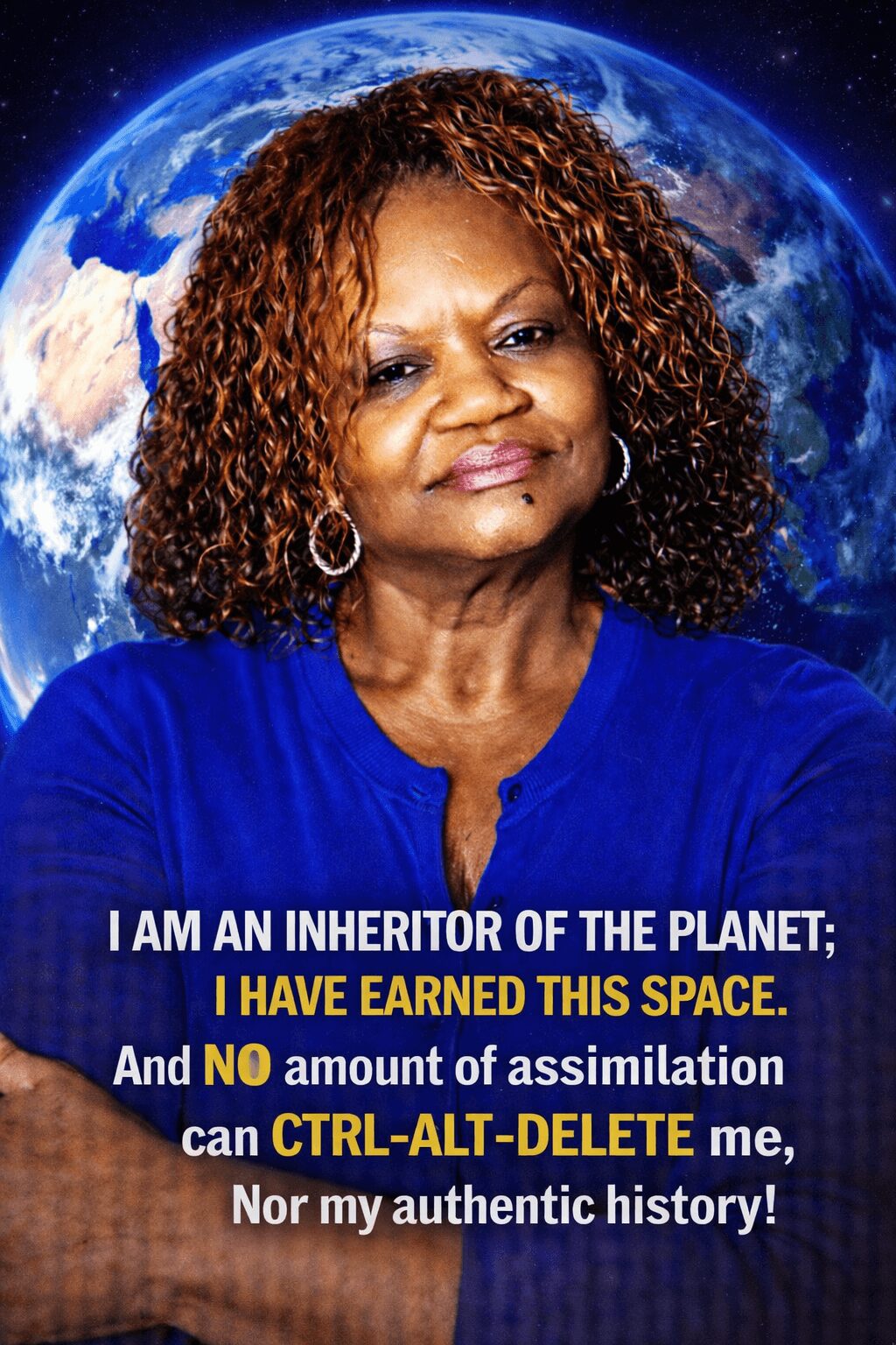 A woman with curly hair in front of Earth, wearing a blue top, with a quote about inheriting the planet and controlling history.
