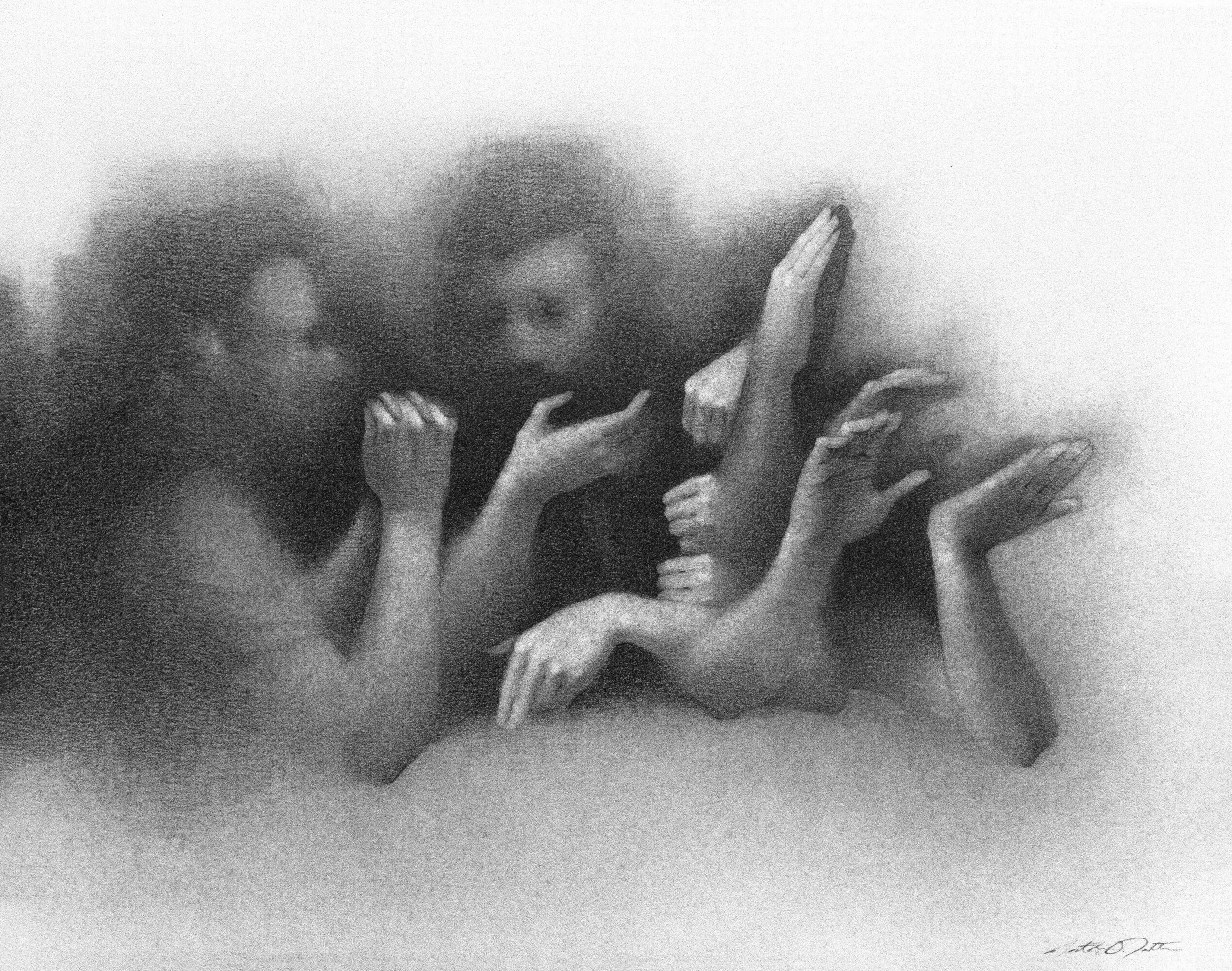 Four women with blurred features, holding and interacting with their feet, in a monochrome style, with a soft focus.