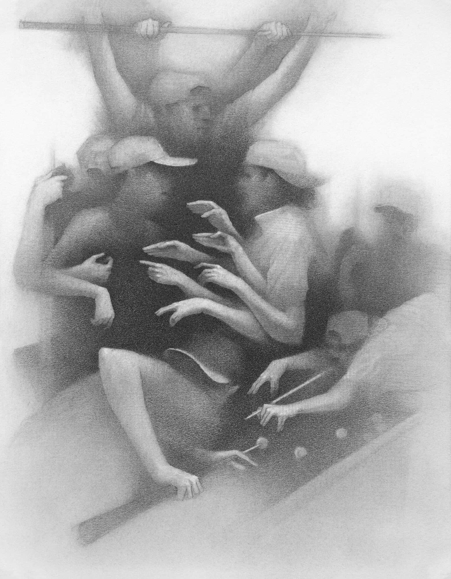 Group of people with hands reaching out, some lying down, in a grayscale image, with a person holding a bar above.