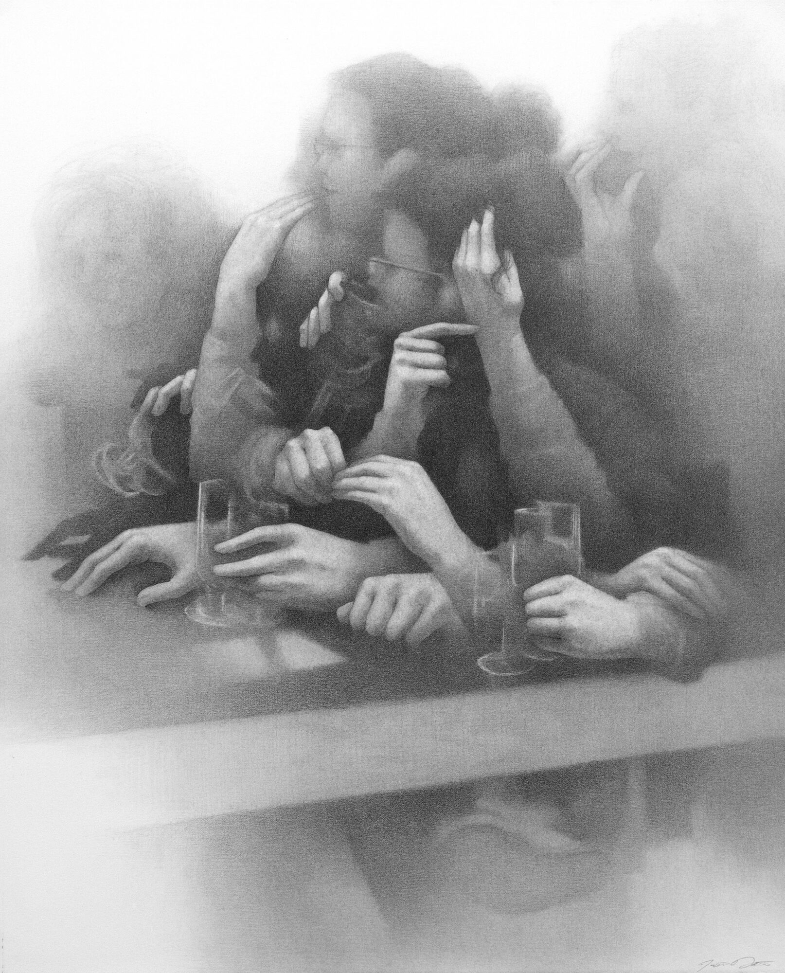 Group of people sitting at a table, some holding drinks, with one person smoking a cigarette, in black and white.