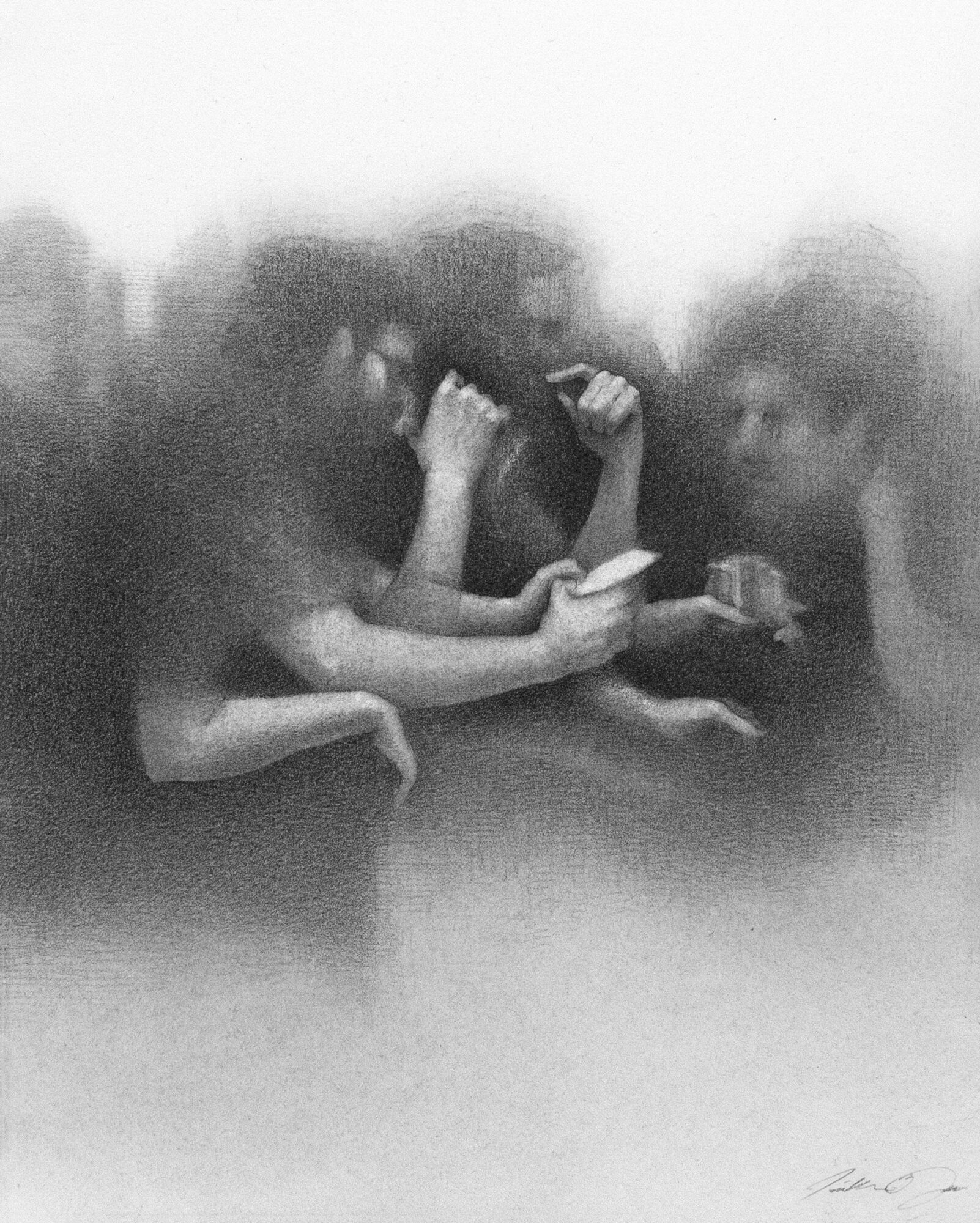 Two people sitting and talking, one holding a phone, with a blurred background, in black and white.