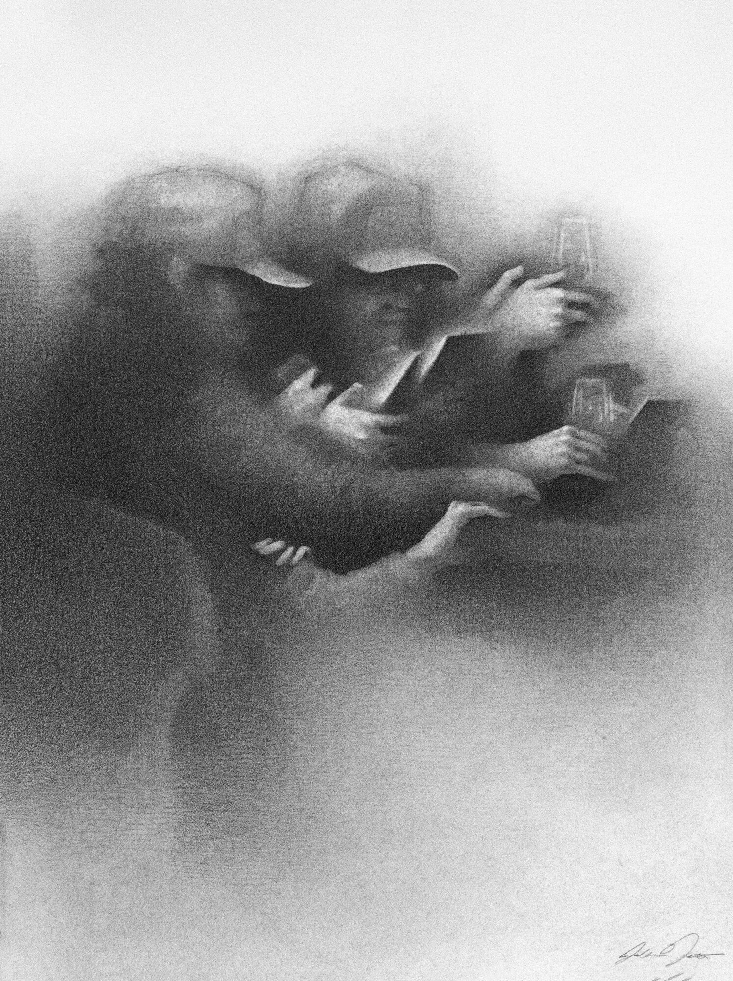 A distorted, abstract image with multiple hands reaching out, and a dark, blurred background.