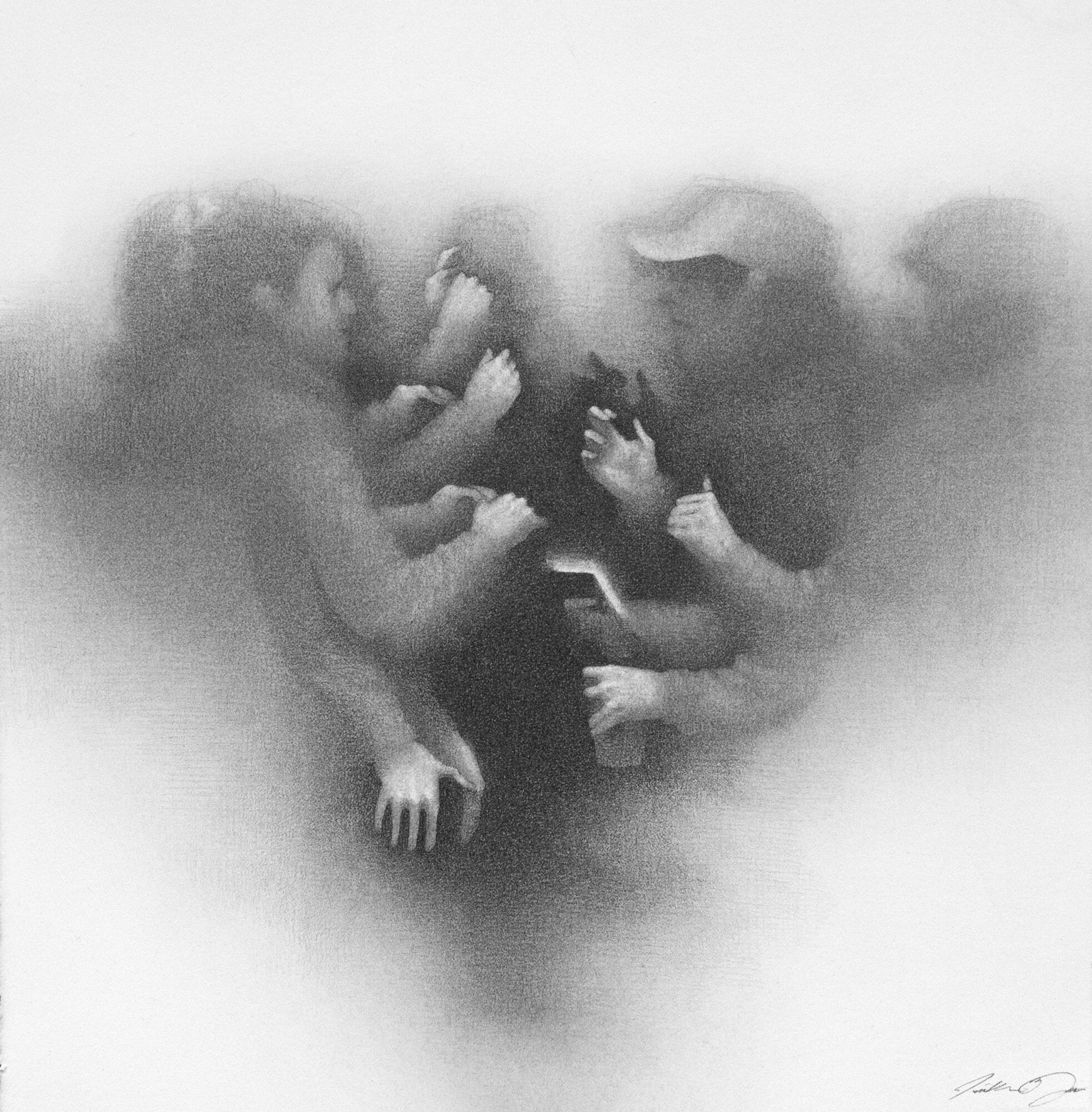 Four children gathered around a table, engaging with each other and a smartphone, in a grayscale image.