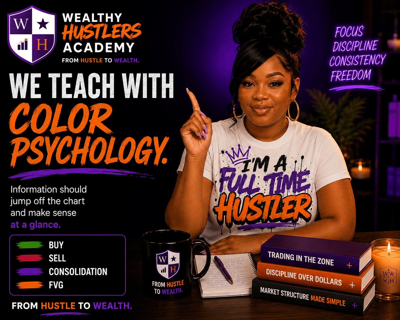 Woman with dark hair wearing a white T-shirt with purple and orange text, pointing upward, surrounded by books and motivational words.