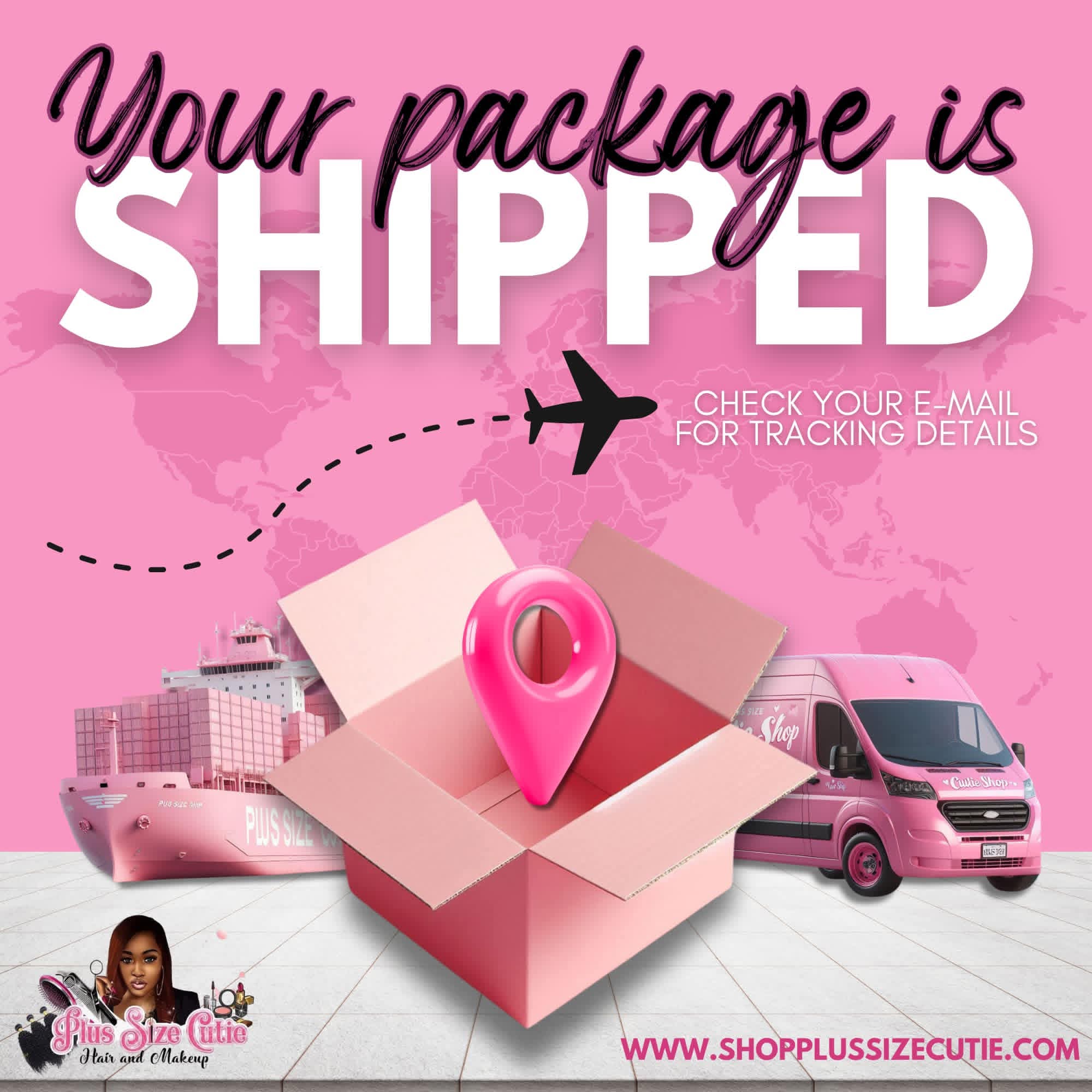 Pink background with a box, pink vehicle, and a location pin, indicating a package delivery. Text mentions shipment and email tracking.
