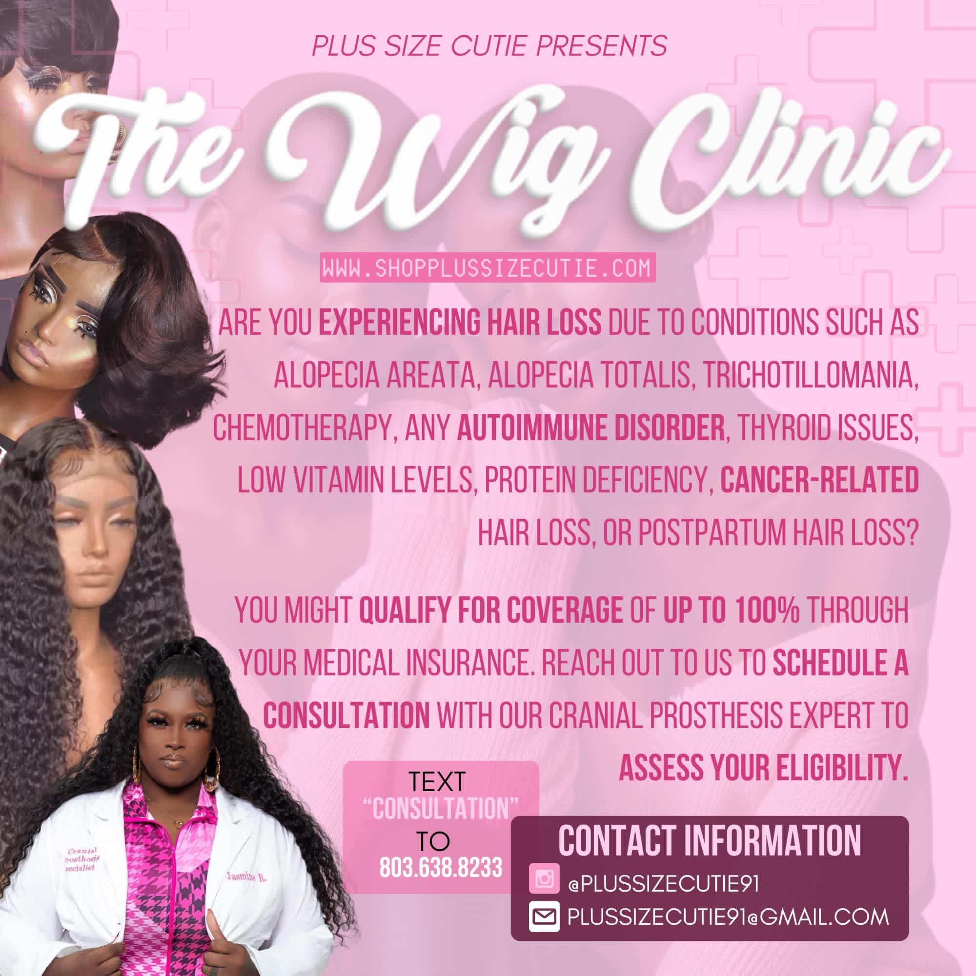 Pink promotional flyer for wig clinic with images of women and text about hair loss and treatment options.