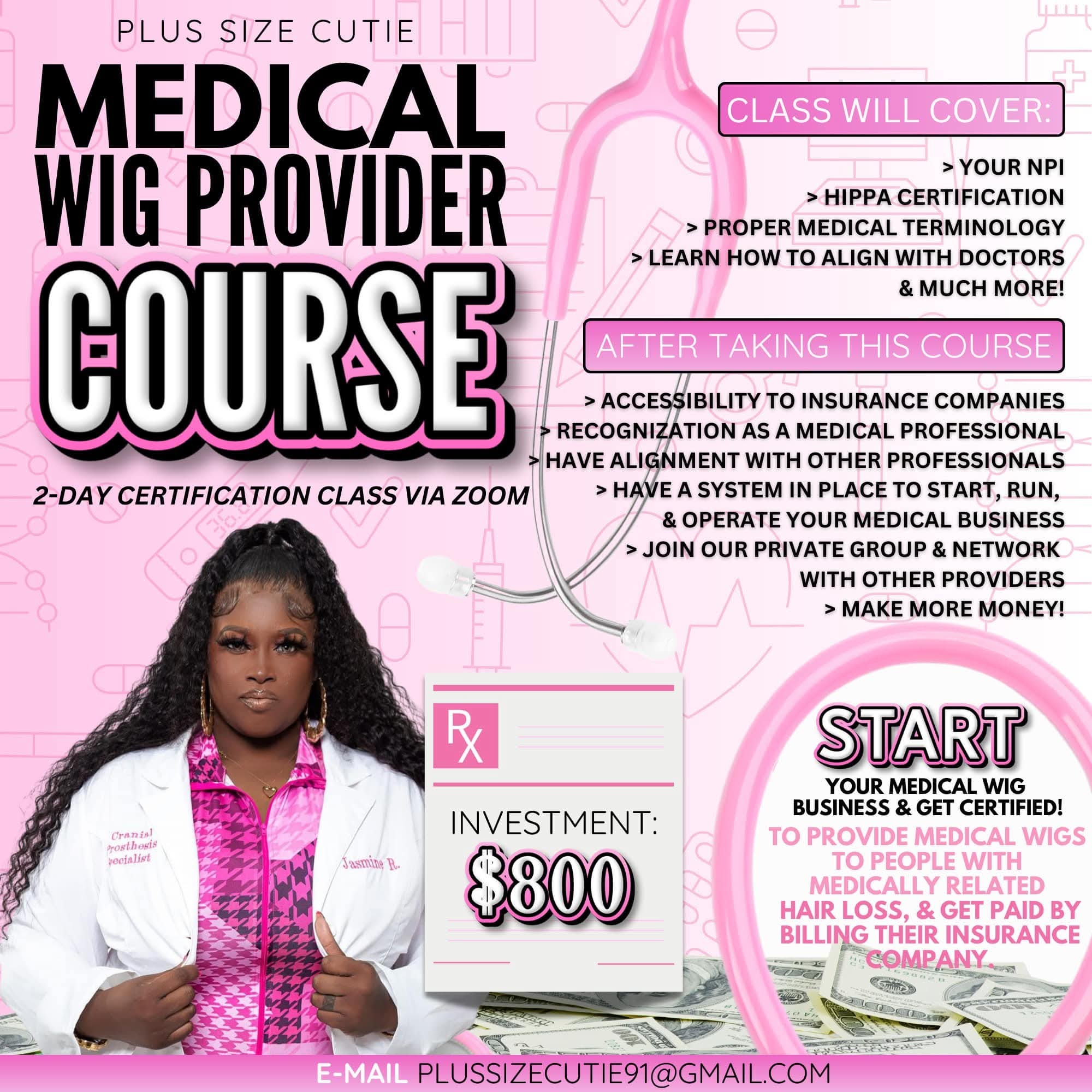 Pink and white flyer advertising a medical wig provider course with a woman in a white coat, text details, and a pink circular logo.