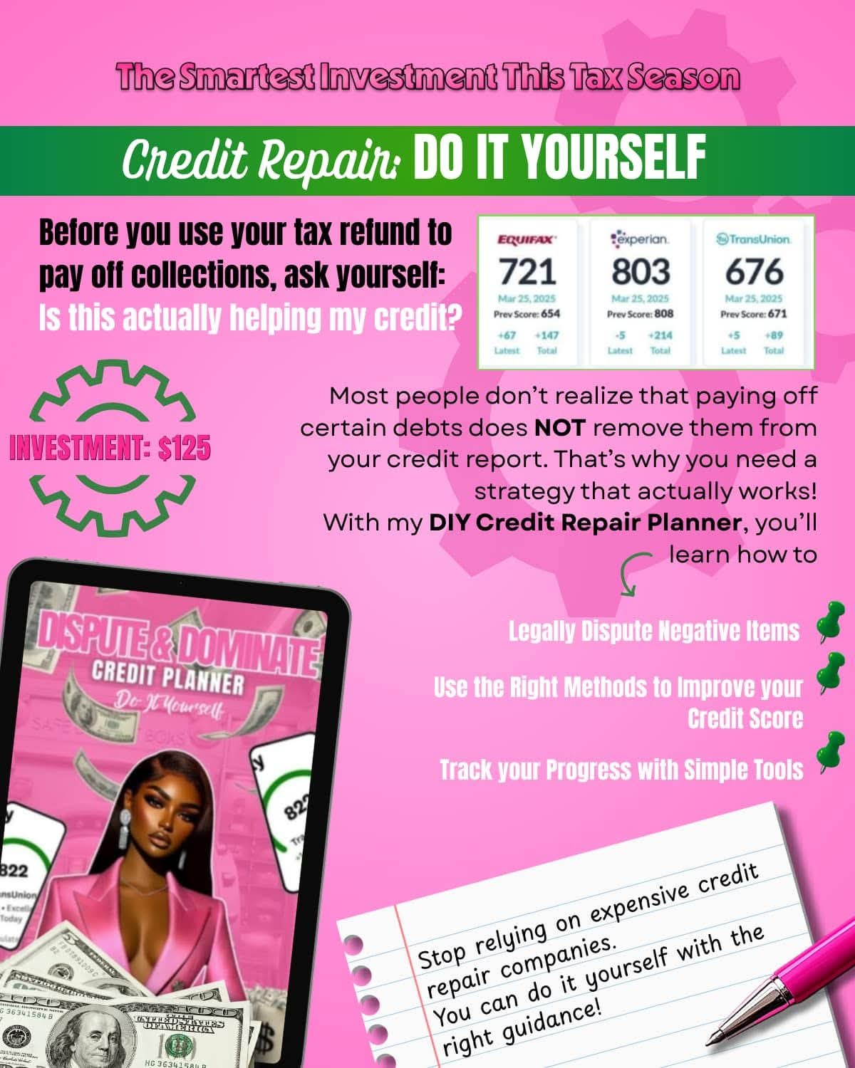 Pink and green advertisement for credit repair services featuring a woman holding money, with text about fixing credit scores and tax refunds.