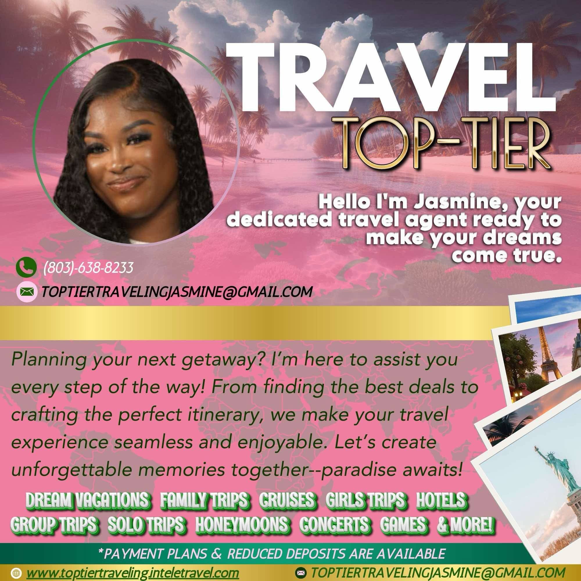 A woman with dark curly hair smiling, travel-themed background with palm trees and sky, text about travel planning and contact info.