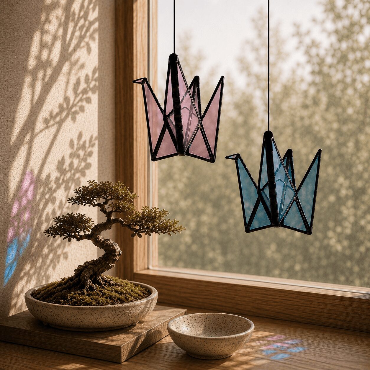 Decorative crown-shaped hanging lamps, a bonsai tree in a shallow pot, and a small bowl on a windowsill with sunlight and shadows.