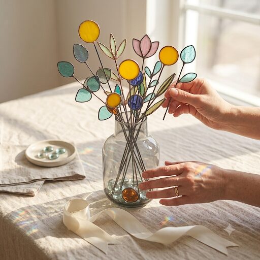 Person arranging colorful paper flowers in a glass vase on a table with sunlight streaming through a window.