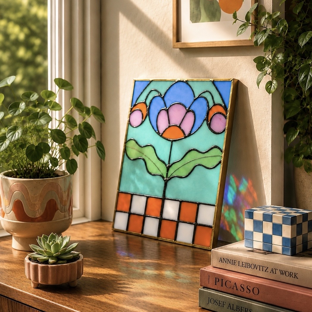 Colorful stained glass-style artwork of a flower on a wooden table, surrounded by potted plants and books.