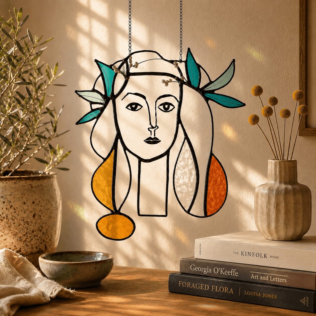 Decorative hanging art piece of a woman's face with leaves and colorful shapes, on a wall with plants and books nearby.