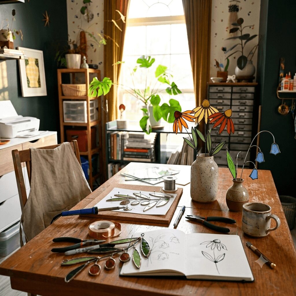 A wooden table with art supplies, notebooks, and vases in a cozy, plant-filled room with sunlight streaming through a window.