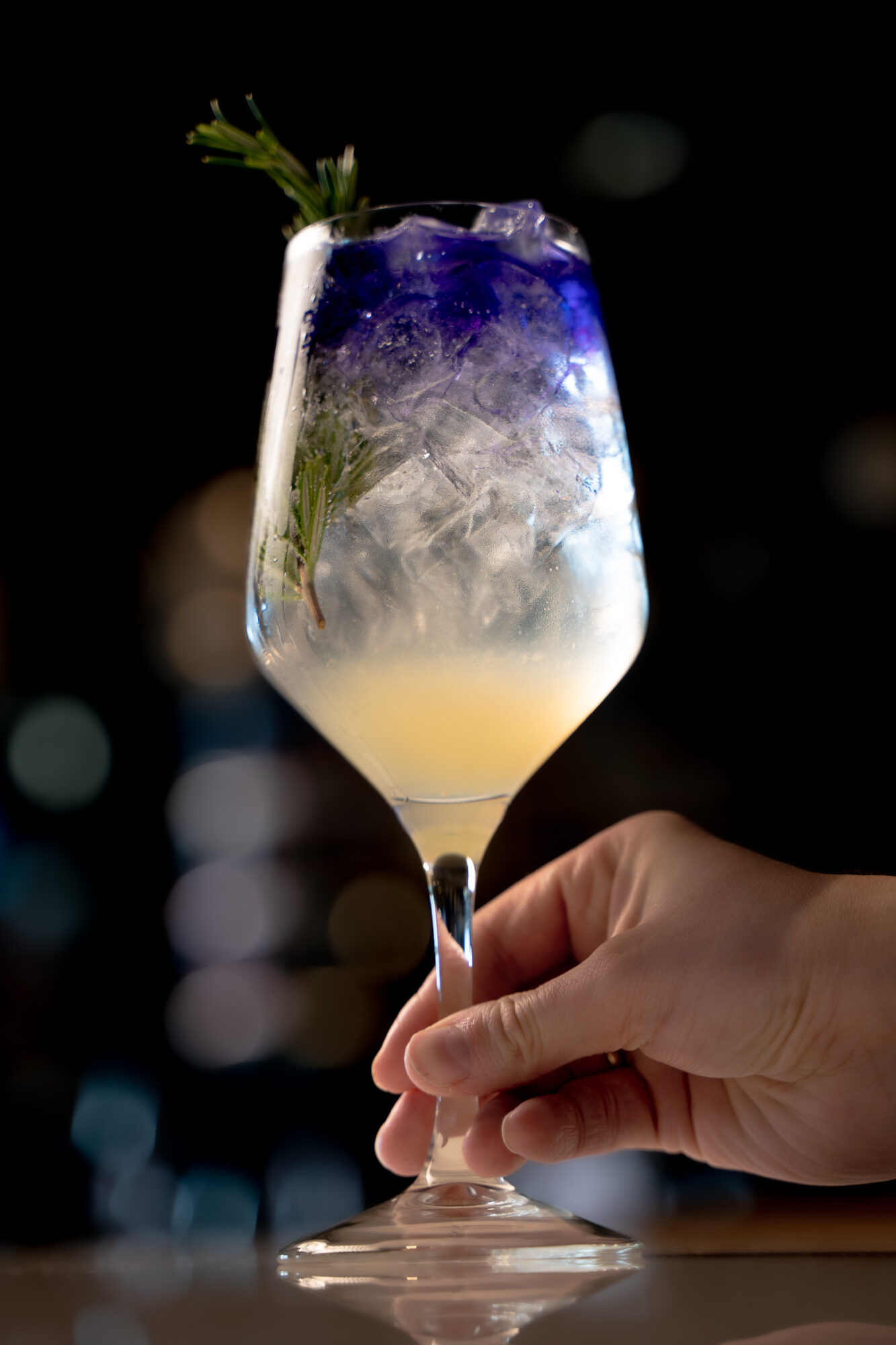 Hand holding a cocktail glass with a layered drink, garnished with herbs, against a dark background.