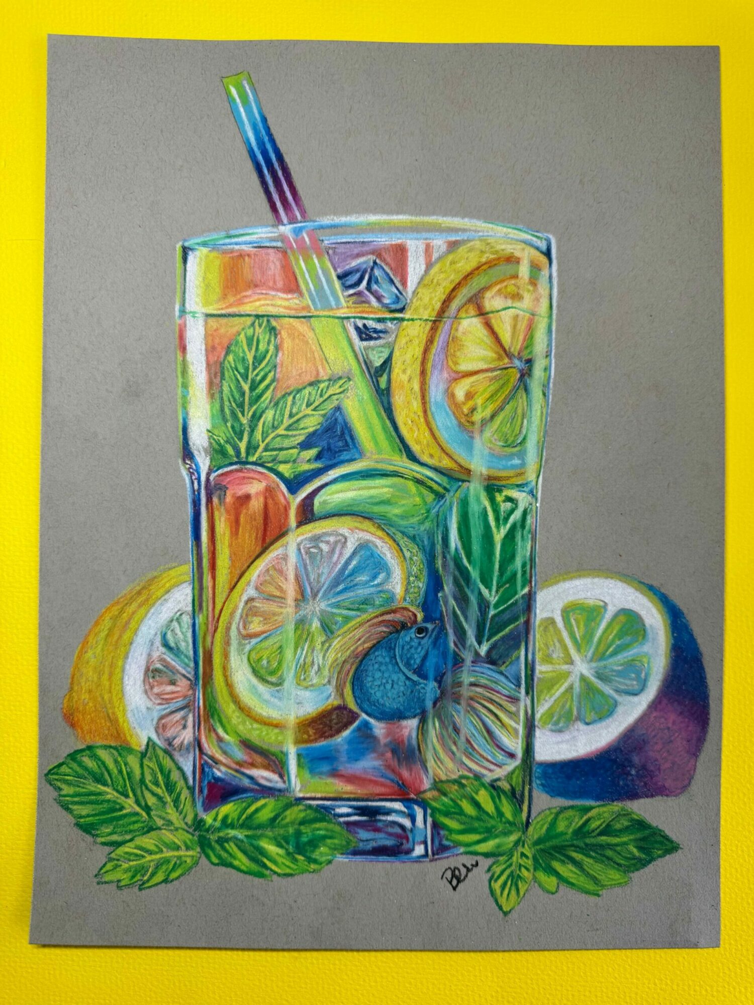 Colorful illustration of a glass with lemon slices, mint leaves, and a straw, on a gray background with a yellow border.