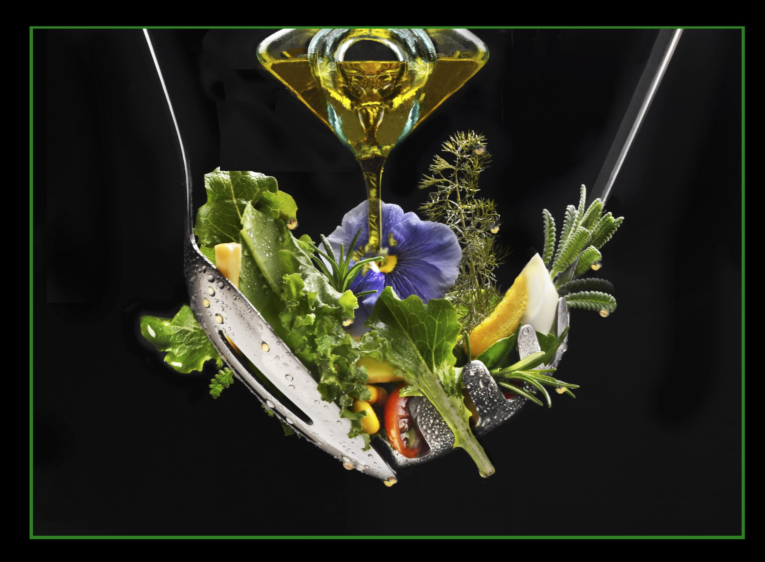 Arrangement of herbs, vegetables, and a flower with honey dripping from a spoon, on a black background.