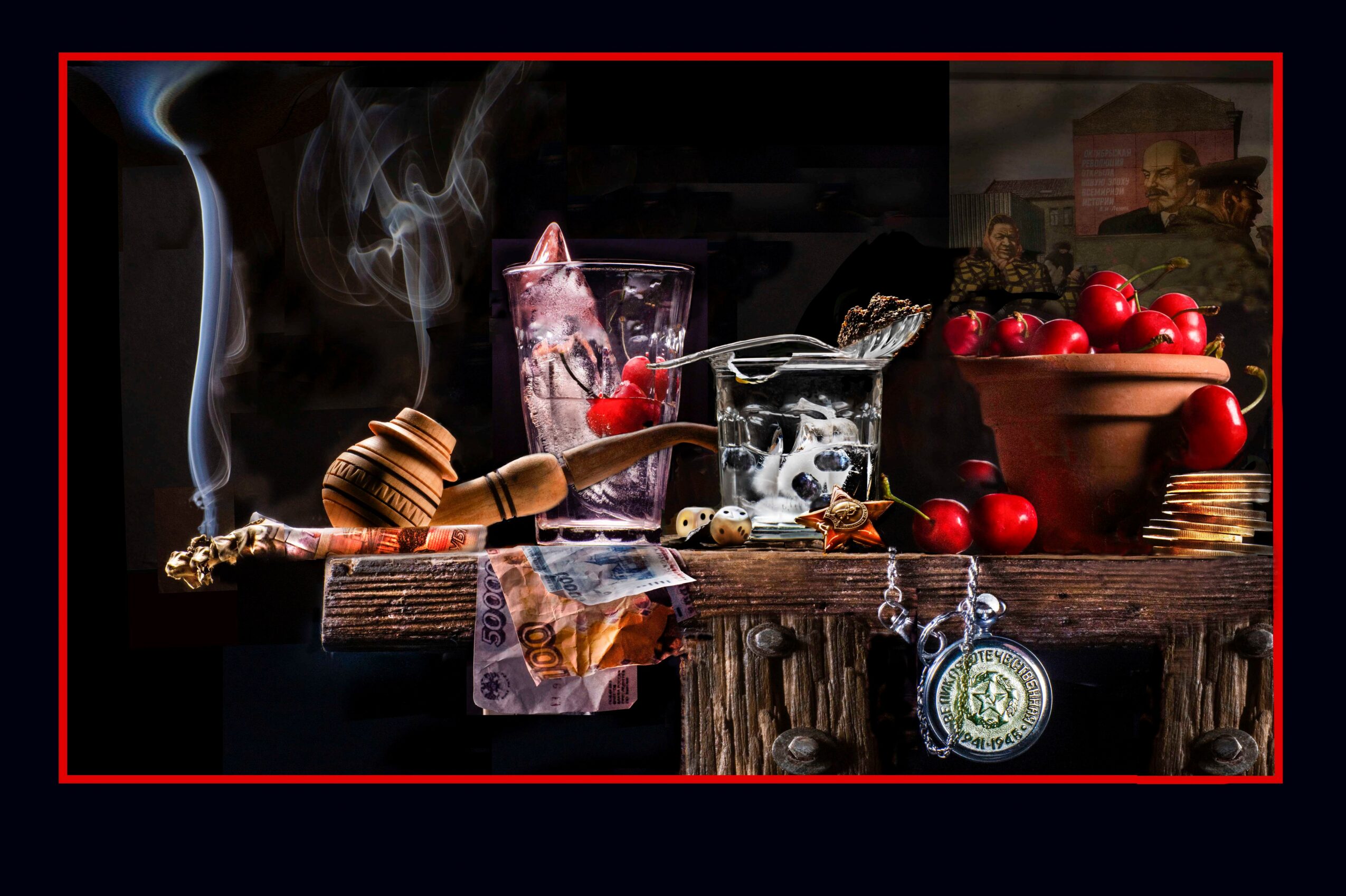Glass of water with cherries, a bowl of cherries, and a coin on a wooden surface, with a dark background.