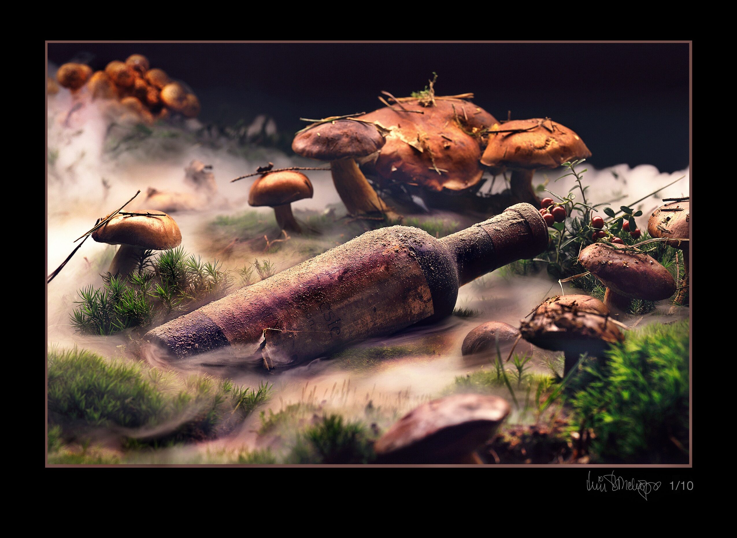 A broken glass bottle surrounded by mushrooms and moss, with fog and smoke in the background.