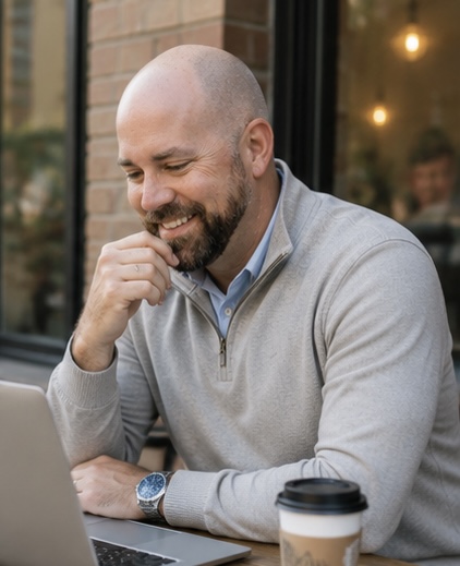 Man with a beard and shaved head smiling, sitting outdoors with a coffee cup and laptop.