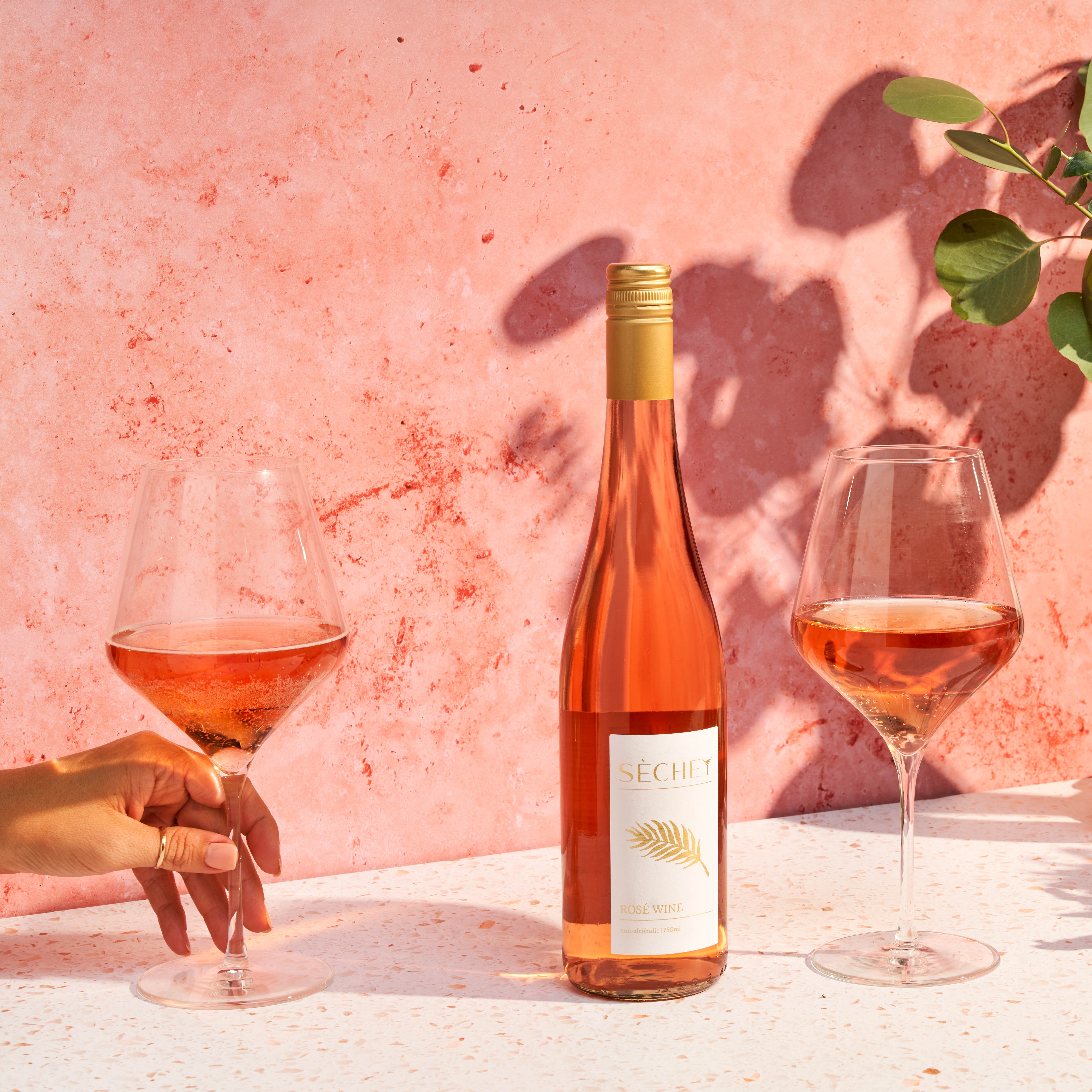 A bottle of rosé wine between two glasses of wine on a white surface, with a pink textured background and green leaves shadow.