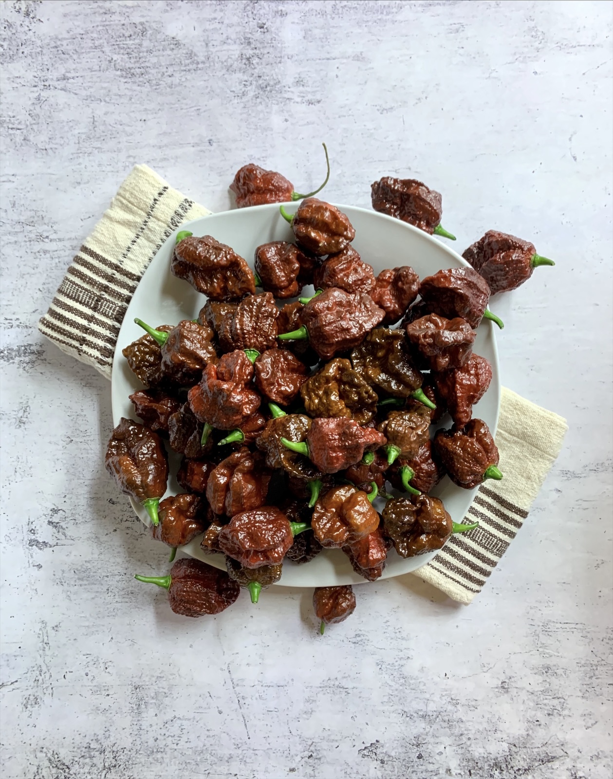 Bowl of cooked meat chunks garnished with green herbs on a white surface with a striped cloth nearby.