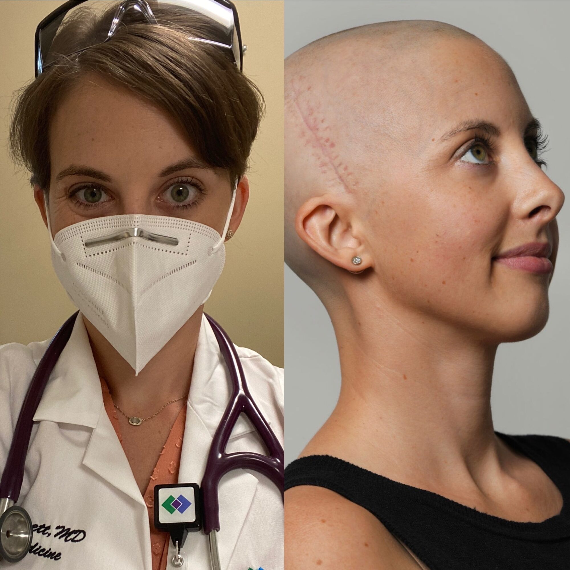 Female healthcare worker wearing a mask and stethoscope, looking directly at the camera; woman with a shaved head, smiling sideways.