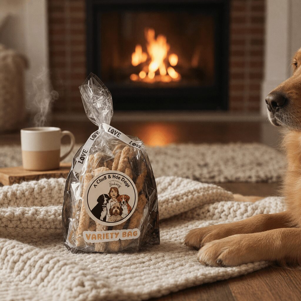 Dog lying on a blanket near a bag of dog treats, fireplace in background, cozy indoor setting.