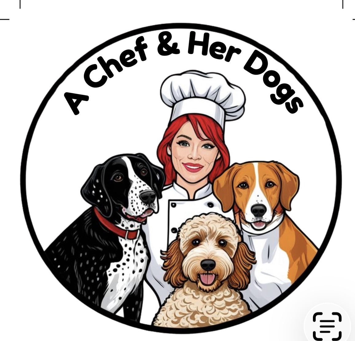 A woman in a chef's hat with three dogs, all smiling, inside a circular logo. Text reads 'A Chef & Her Dogs'.