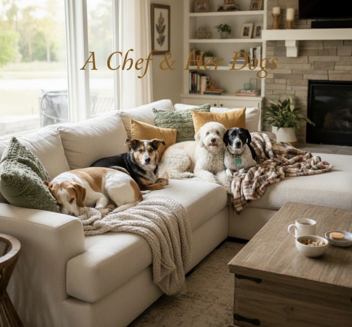 Four dogs lying on a beige sofa in a cozy living room with a fireplace and bookshelves.
