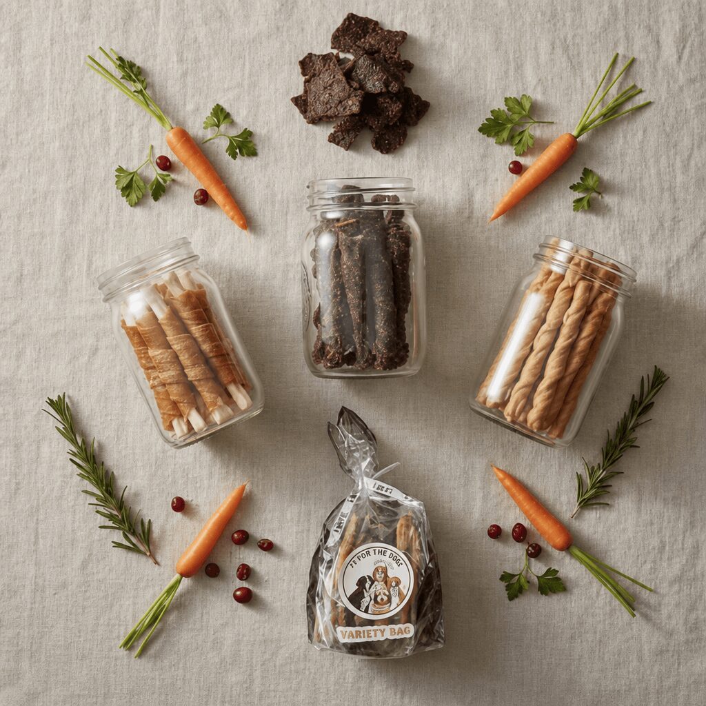 Carrots, herbs, and jars of snacks arranged around a jar of dog treats on a light surface.