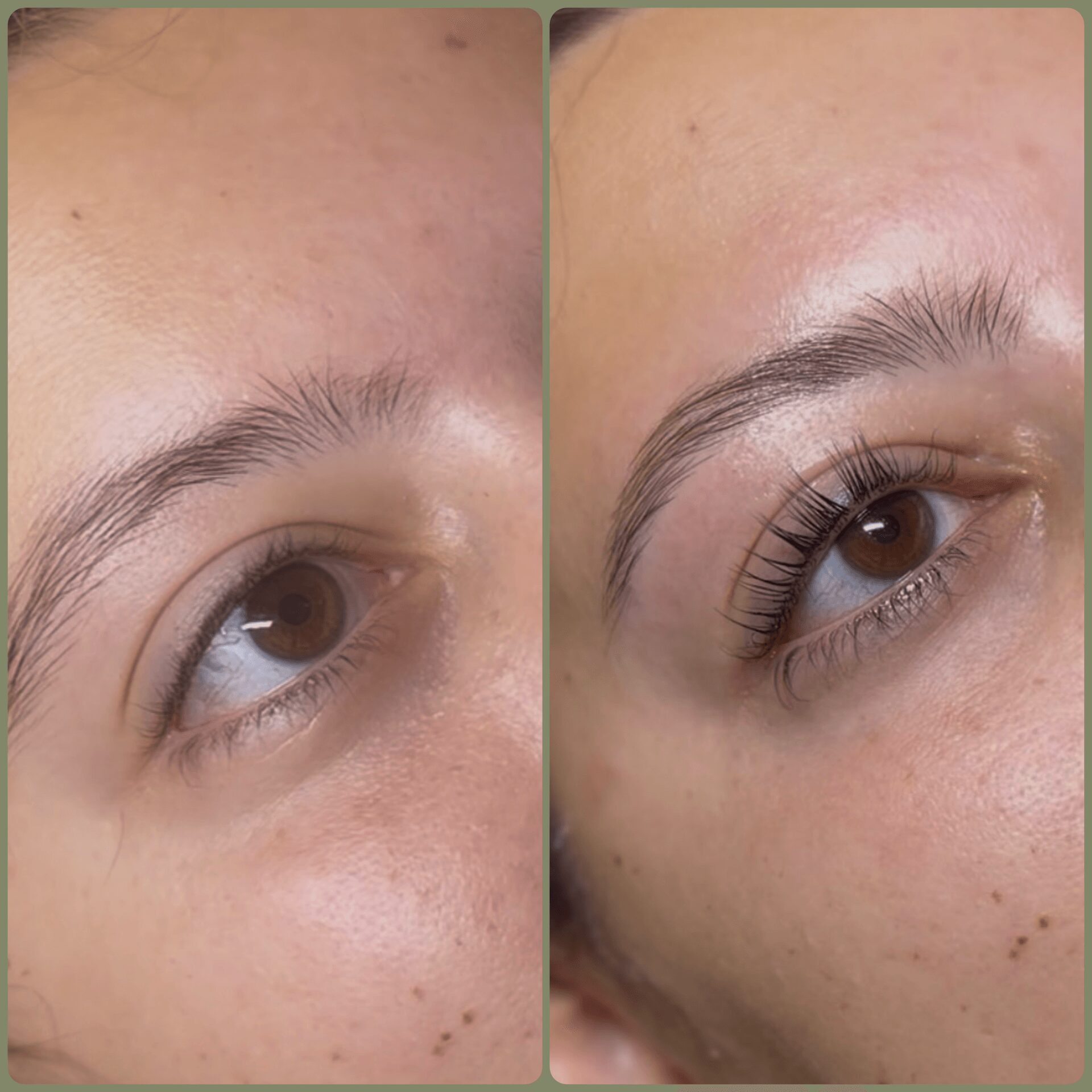 Close-up of a person's eye before and after eyelash enhancement, showing longer, darker lashes on the right.