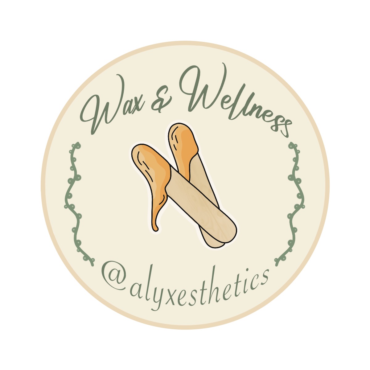 A circular logo with a beige background, featuring a popsicle and a foot, with text 'Wax & Wellness' and '@alyxesthetics'.