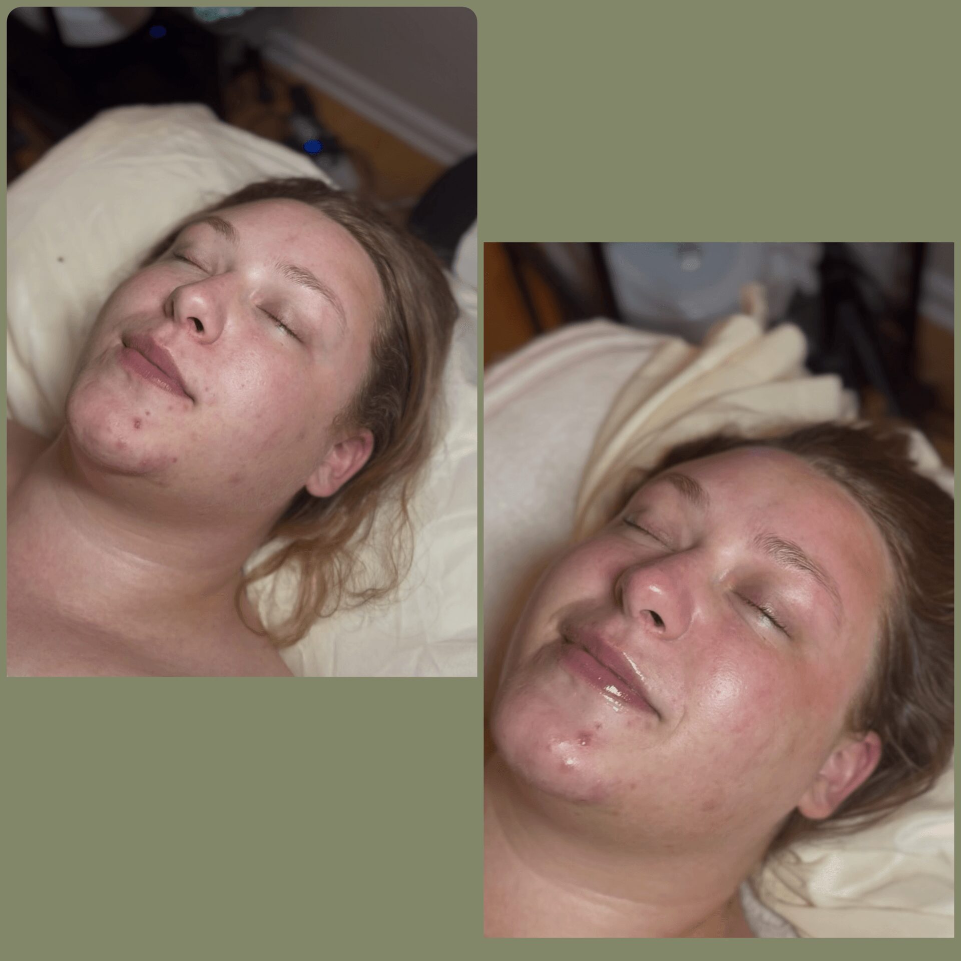Two women with closed eyes, lying down, one with light brown hair, the other with darker hair, both smiling gently.