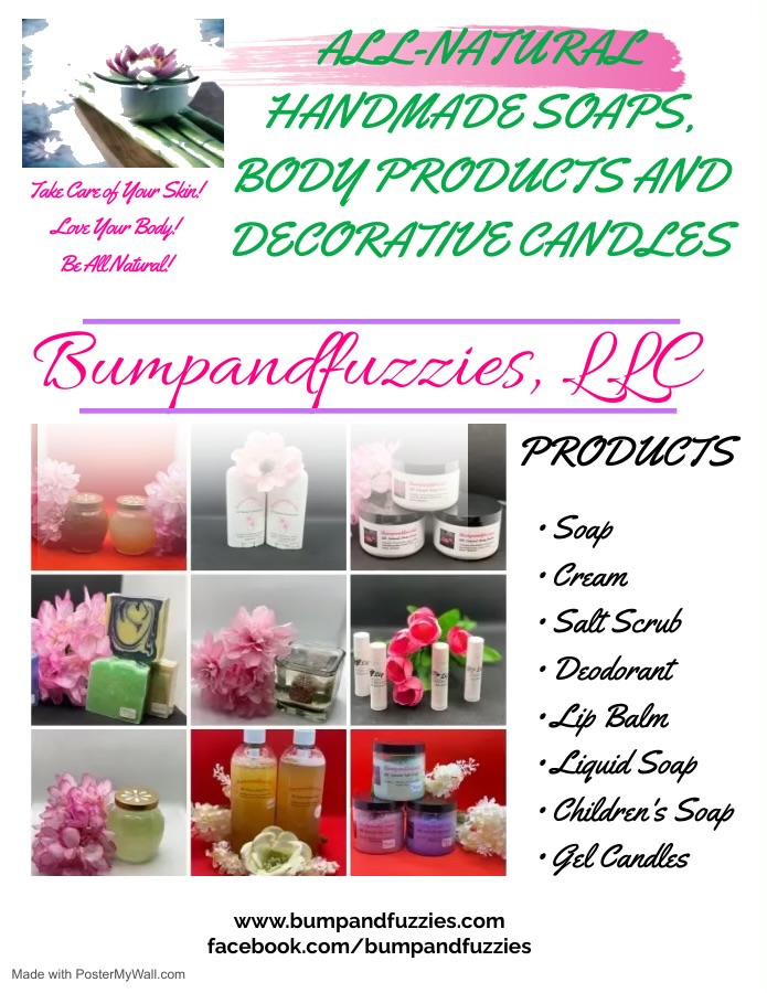 Display of handmade soap, body products, and candles with text about natural products and a list of items. Word count: 20.