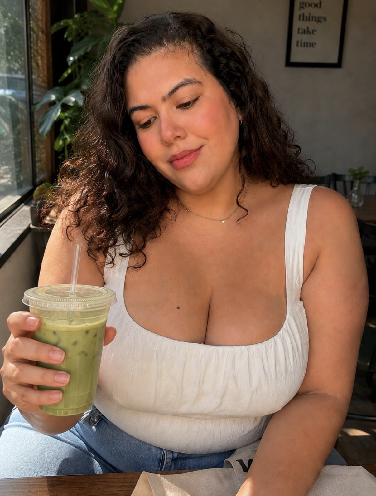 Young woman with curly hair holding a green smoothie in a cafe, smiling softly, wearing a white top, natural light.