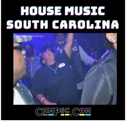 Group of people dancing at a house music event in South Carolina, with a woman raising her arm, colorful lighting, and text at the top.