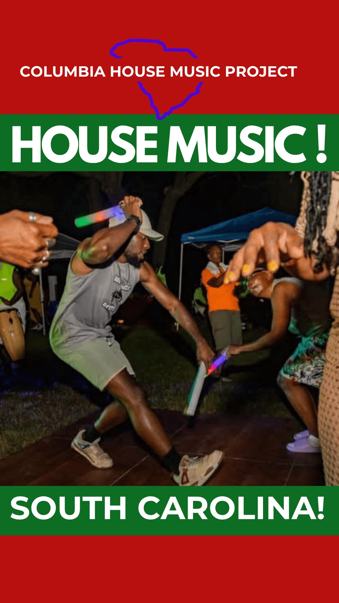 People dancing outdoors at night with glow sticks, trees, and tents visible in the background.