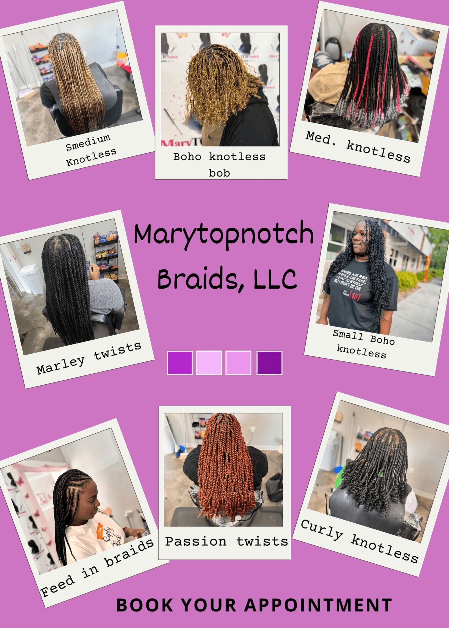 Collage of eight images of braided hairstyles with text labels, background is purple, center text reads 'Marytopnotch Braids, LLC', bottom text 'BOOK YOUR APPOINTMENT'.