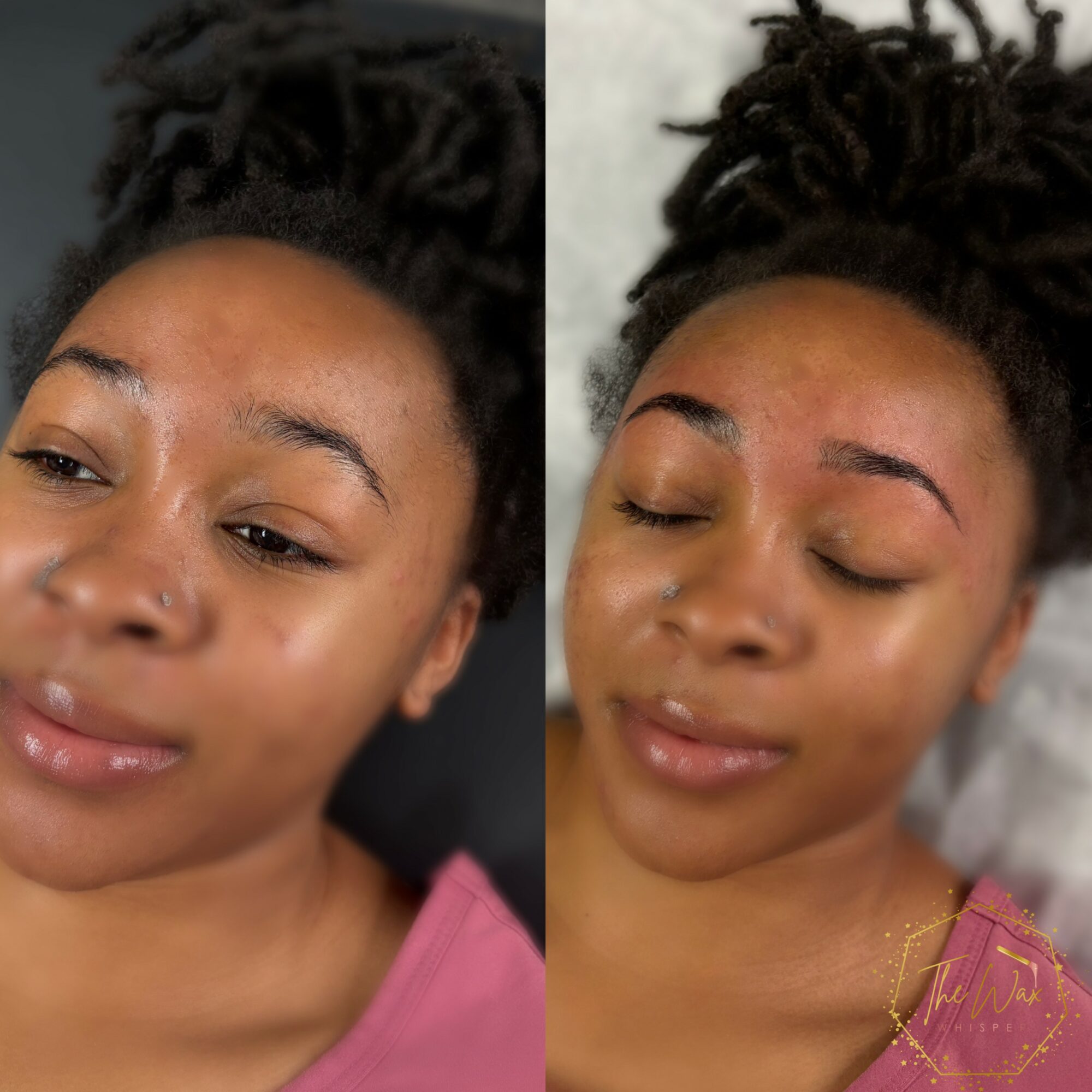 Side-by-side images of a woman with natural hair, one with a relaxed expression and the other with eyes closed, smiling slightly.