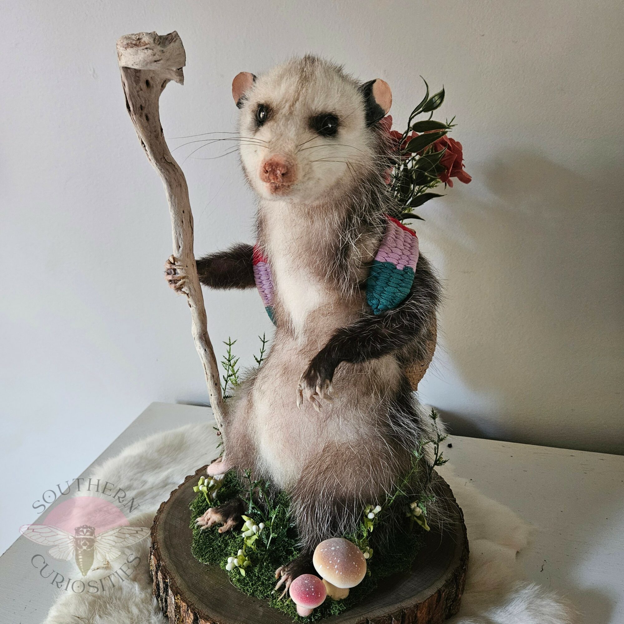 A decorative ferret figurine with a stick, flowers, and mushrooms on a wooden base, against a plain background.